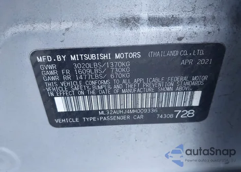 2021 Mitsubishi Mirage Carbonite Edition/Es/Le из США, поврежденный, VIN ML32AUHJ4MH009336